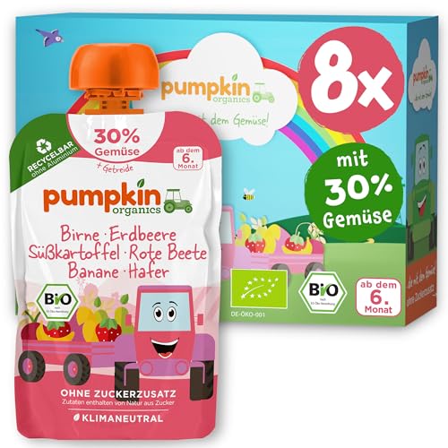 Pumpkin Organics Bio Gemüse-Getreide-Quetschies Birne, Erdbeere, Süßkartoffel, Rote Beete, Banane, Hafer ohne Zuckerzusatz - Babynahrung für Babys ab dem 6. Monat - vegetarisch (8x100g) von Pumpkin Organics