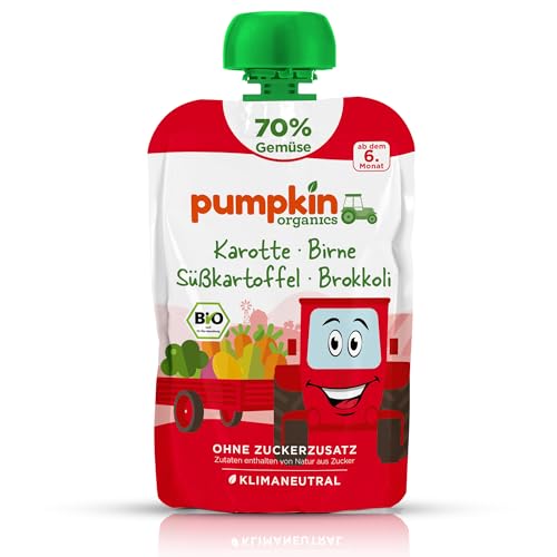 Pumpkin Organics Bio Gemüse-Quetschie Karotte, Birne, Süßkartoffel, Brokkoli ohne Zuckerzusatz¹ - ab dem 6. Monat - als Snack oder Beikost für unterwegs - glutenfrei (100g) von Pumpkin Organics