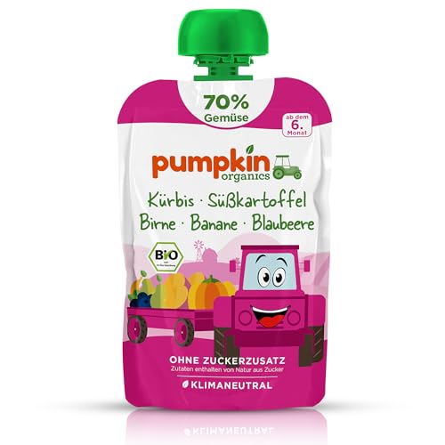 Pumpkin Organics Bio Gemüse-Quetschie Kürbis, Süßkartoffel, Birne, Banane, Blaubeere ohne Zuckerzusatz - Babynahrung für Babys ab dem 6. Monat - glutenfrei & vegetarisch (100g) von Pumpkin Organics