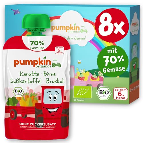 Pumpkin Organics Bio Gemüse-Quetschies 8er Pack Karotte, Birne, Süßkartoffel, Brokkoli ohne Zuckerzusatz¹ - ab dem 6. Monat - als Snack oder Beikost für unterwegs - glutenfrei (8x100g) von Pumpkin Organics