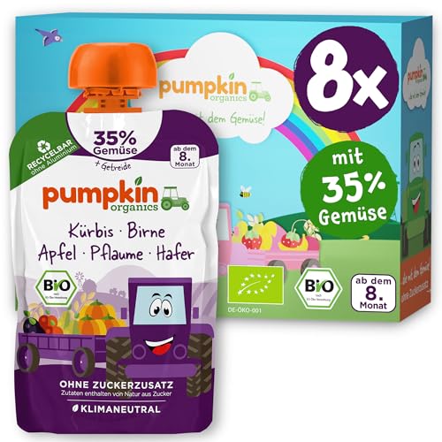 Pumpkin Organics Bio Gemüse-Getreide-Quetschies 8er Pack Kürbis, Birne, Apfel, Pflaume, Hafer ohne Zuckerzusatz - Babynahrung für Babys ab dem 8. Monat - vegetarisch (8x100g) von Pumpkin Organics