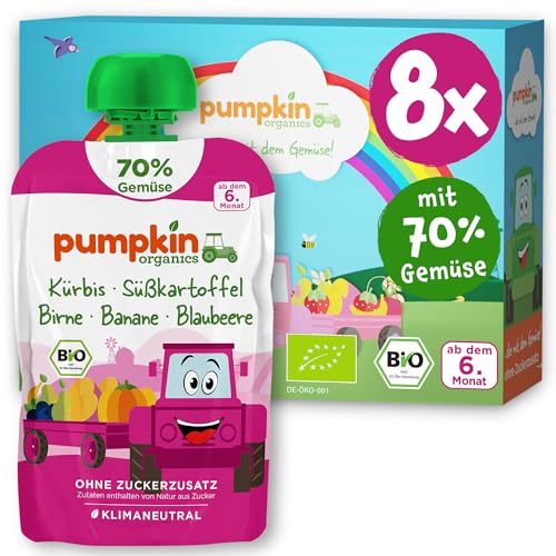 Pumpkin Organics Bio Gemüse-Quetschies 8er Pack Kürbis, Süßkartoffel, Birne, Banane, Blaubeere ohne Zuckerzusatz - Babynahrung für Babys ab dem 6. Monat - glutenfrei & vegetarisch (8x100g) von Pumpkin Organics