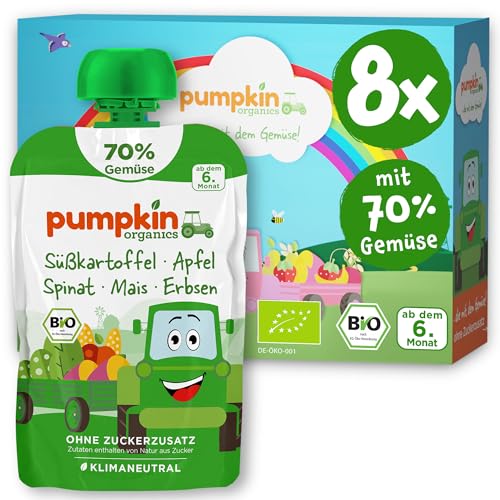 Pumpkin Organics Bio Gemüse-Quetschies 8er Pack Süßkartoffel, Apfel, Spinat, Mais, Erbsen ohne Zuckerzusatz - Babynahrung für Babys ab dem 6. Monat - glutenfrei & vegetarisch (8x100g) von Pumpkin Organics