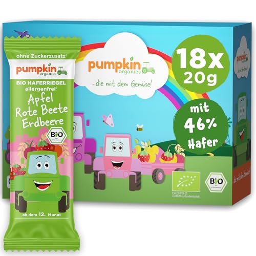 Pumpkin Organics Bio Haferriegel Apfel, Rote Beete, Erdbeere (18x20g) Haferriegel ohne Zuckerzusatz¹ ab dem 12. Monat - allergenfreie² und glutenfreie³ Baby- und Kindersnacks von Pumpkin Organics