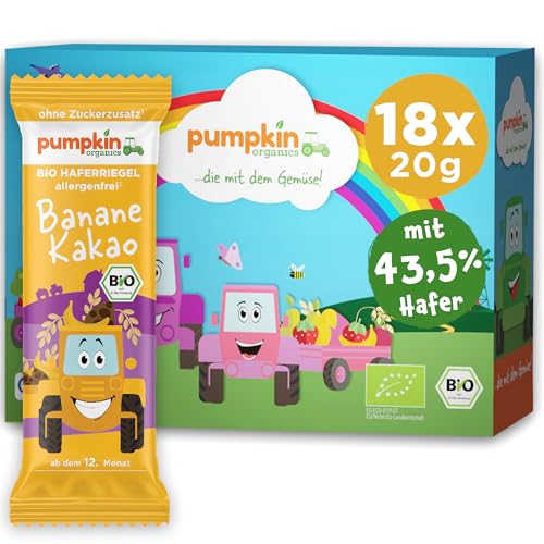 Pumpkin Organics Bio Haferriegel Banane Kakao (18x20g) Haferriegel ohne Zuckerzusatz¹ ab dem 12. Monat - allergenfreie² und glutenfreie³ Baby- und Kindersnacks von Pumpkin Organics