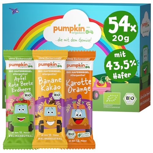 Pumpkin Organics Bio Haferriegel Bestseller Paket (3x18 Riegel) Hafer- und Fruchtriegel für Kinder ab dem 12. Monat ohne Zuckerzusatz¹ - allergenfrei² und glutenfrei³ - 3 verschiedene Sorten (54x20g) von Pumpkin Organics