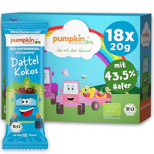 Pumpkin Organics Bio Haferriegel Dattel Kokos (18x20g) Haferriegel ohne Zuckerzusatz¹ ab dem 12. Monat - allergenfreie² und glutenfreie³ Baby- und Kindersnacks von Pumpkin Organics