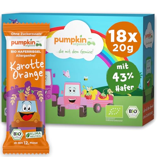 Pumpkin Organics Bio Haferriegel Karotte Orange (18x20g) Haferriegel ohne Zuckerzusatz¹ ab dem 12. Monat - allergenfreie² und glutenfreie³ Baby- und Kindersnacks von Pumpkin Organics