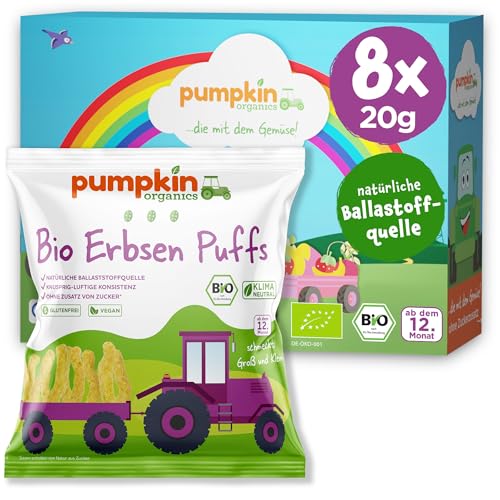 Pumpkin Organics Kindersnack Bio Erbsen Puffs (8er Pack) Baby Snacks ohne Zusatzstoffe ab dem 12. Monat - allergenfreie² und glutenfreie² Knuspersnacks für Kinder (8x20g) von Pumpkin Organics