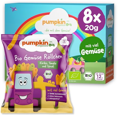 Pumpkin Organics Kindersnack Bio Gemüse Röllchen (8er Pack) Baby- und Kindersnacks ohne Zusatzstoffe ab dem 12. Monat - allergenfreie² und glutenfreie² Knuspersnacks für Kinder (8x20g) von Pumpkin Organics