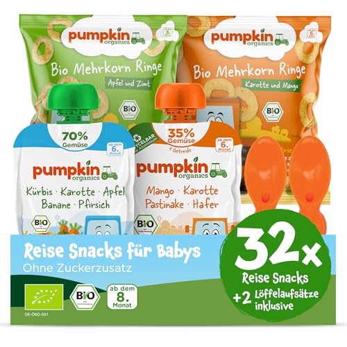 Pumpkin Organics Reise-Snacks für Babys ab dem 8. Monat - Bio Gemüse-Quetschies und Bio Knusper-Snacks ideal für unterwegs, für das Handgepäck, im Flugzeug oder im Zug - Baby Snacks ohne Zusatzstoffe von Pumpkin Organics