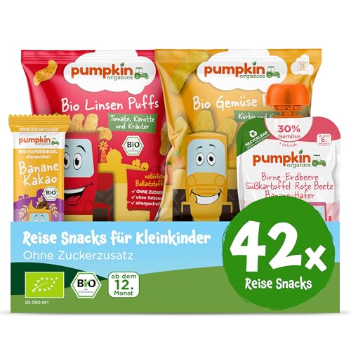 Pumpkin Organics Reise-Snacks für Kleinkinder ab dem 12. Monat - Bio Gemüse-Quetschies, Bio Knusper-Snacks und Bio-Haferriegel ideal für unterwegs, das Handgepäck, Flugzeug oder Zug ohne Zusatzstoffe von Pumpkin Organics