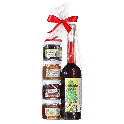 Geschenkset aus dem Allgäu | 200ml Weihnachtslikör aus ausgewählten Früchten | Fruchtaufstriche-Honig Weihnachts Geschenkset | Handgemachte Fruchtaufstriche | Garantiert Deutscher Honig (200ml+4x50g) von Puntzelhof Allgäuer Delikatessen