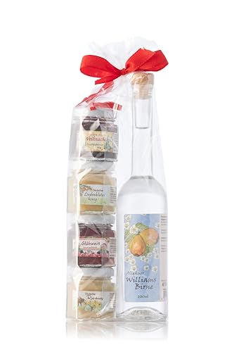 Geschenkset aus dem Allgäu | 200ml Williams-Christ Birnen-Brand | Fruchtaufstriche-Honig Weihnachts Geschenkset | Handgemachte Fruchtaufstriche | Garantiert Deutscher Honig (200ml+4x50g) von Puntzelhof Allgäuer Delikatessen