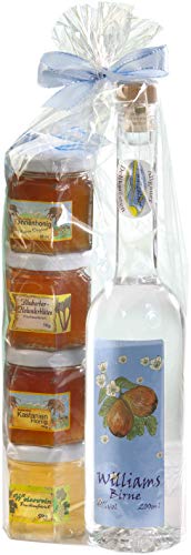 Geschenkset aus dem Allgäu | 200ml Williams-Christ Birnenbrand aus ausgewählten Früchten | Fruchtaufstriche-Honig Geschenkset | Handgemachte Fruchtaufstriche | Garantiert Deutscher Honig (200ml+4x50g) von Puntzelhof Allgäuer Delikatessen