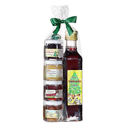 Geschenkset aus dem Allgäu | 250ml Weihnachtssirup für Glühwein und Punsch | Weihnachts Fruchtaufstriche-Honig Geschenkset | Handgemachte Fruchtaufstriche | Deutscher Honig (250ml+4x50g) von Puntzelhof Allgäuer Delikatessen