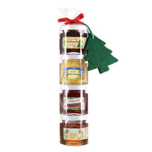 Puntzelhof Allgäuer Delikatessen Geschenkset Weihnachten - Glühweinfruchtaufstrich, Weihnachtsfruchtaufstrich und 2x Deutscher Honig in der Geschenkrolle mit Weihnachtsbaum von Puntzelhof Allgäuer Delikatessen