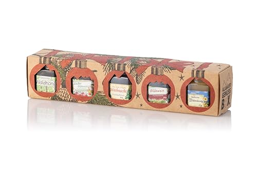 Puntzelhof Weihnachts Genuss-Box – Feinkost Geschenk-Set, 3x50g handgemachter Fruchtaufstrich und 2x50g Deutscher Honig, Allgäuer Delikatessen in Weihnachtlicher Geschenkverpackung von Puntzelhof Allgäuer Delikatessen