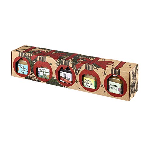 Puntzelhof Weihnachts Genuss-Box – Feinkost Geschenk-Set: 4x Feinkost-Senf (Bergkräuter, Bärlauch, Feigen, Birnen) & 1x Chili-Paprika-Gelee in der Weihnachtlichen Geschenkbox von Puntzelhof Allgäuer Delikatessen