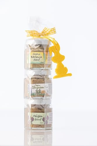 Senf Geschenkrolle - Ostergeschenkrolle mit Osteranhänger - Feinkost Senf Geschenkset aus dem Allgäu - 3x50ml Delikatesse Senf in Geschenkverpackung von Puntzelhof Allgäuer Delikatessen