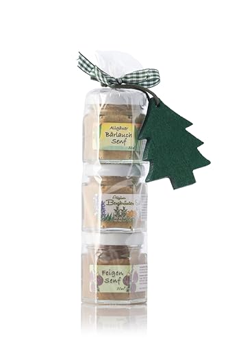 Senf Geschenkrolle - Weihnachts Rolle mit grünem Baumanhänger - Feinkost Senf Geschenkset aus dem Allgäu - 3x50ml Delikatesse Senf in Geschenkverpackung von Puntzelhof Allgäuer Delikatessen