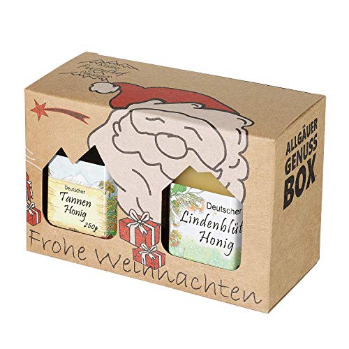 Weihnachts Genuss-Box - Feinkost Geschenk-Set 2 x 250g Deutscher Honig - Honig Delikatessen im Weihnachts-Karton | von Puntzelhof Allgäuer Delikatessen