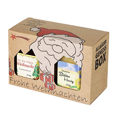 Weihnachts Genuss-Box - Feinkost Geschenk-Set - 210g Weihnachtsfruchtaufstrich und 250g Deutscher Honig - Weihnachtlicher Geschenkkarton von Puntzelhof Allgäuer Delikatessen