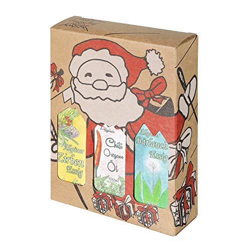 Weihnachts Genuss-Box - Feinkost Geschenk-Set - 3 x 100ml Fläschchen: 2 x Essig, 1 x Öl - Allgäuer Delikatessen mit Weihnachts Geschenkverpackung von Puntzelhof Allgäuer Delikatessen