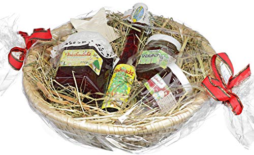 Weihnachts Geschenkkorb - Leckerer Präsentkorb zu Weihnachten inkl. Bastkorb mit Heu, Weihnachtsfruchtaufstrich, Weihnachtslikör, Glühweinfruchtaufstrich, Deutscher Waldhonig von Puntzelhof Allgäuer Delikatessen