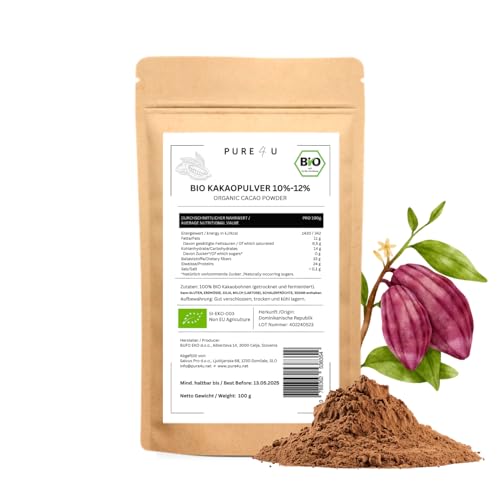 PURE4U BIO Kakaopulver 10%-12% | Für Smoothie, Bowl, Joghurt, Dessert, Granola, Backen | Vegan | ohne Zusatzstoffe | Powder 100g von Pure4u