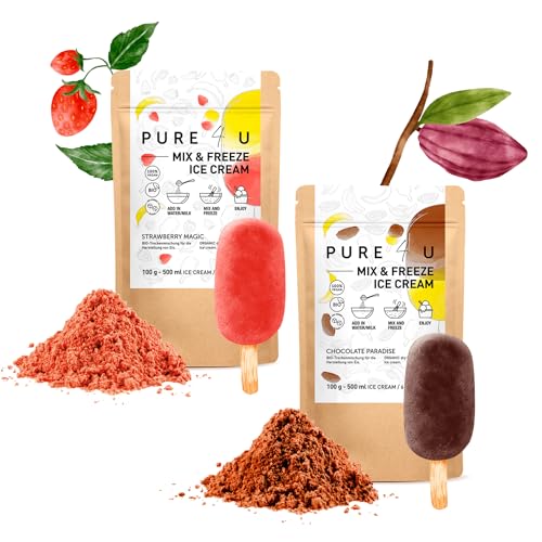 PURE4U BIO Mix&Freeze Erdbeer und Chocoeis Pulver | Ohne Zuckerzusatz oder jegliche Zusatzstoffe | Kinderleichte Zubereitung ohne Eismaschine | für 1000 ml Eis oder 12 Eis am Stiel von Pure4u