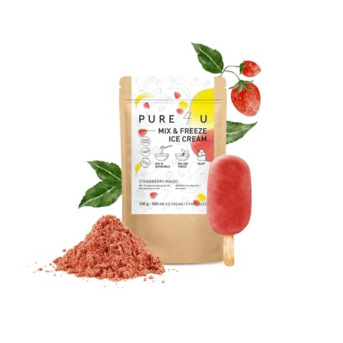 PURE4U BIO Mix&Freeze Erdbeereis Pulver | Ohne Zuckerzusatz oder jegliche Zusatzstoffe | Kinderleichte Zubereitung ohne Eismaschine | für 500 ml Eis oder 6 Eis am Stiel von Pure4u