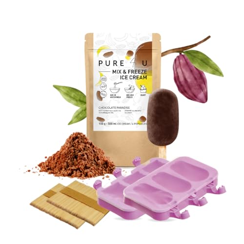 PURE4U BIO Mix&Freeze Schokoladeneis Pulver | Ohne Zuckerzusatz oder jegliche Zusatzstoffe | Leichte Zubereitung ohne Mixer | Starter Kit: für 500 ml Eis oder 6 Eis am Stiel + 2 Silikonformen von Pure4u