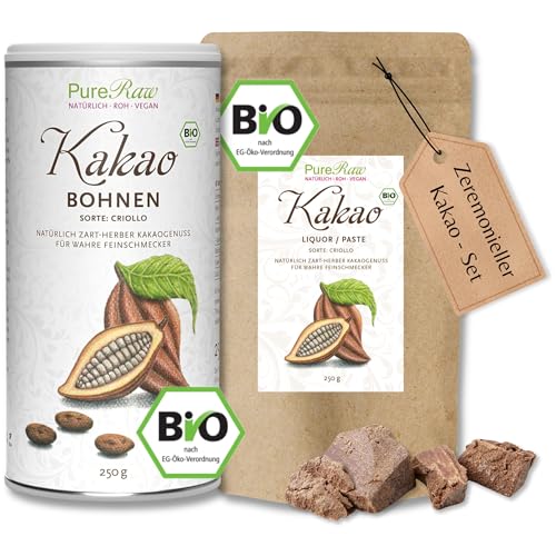 Bio Criollo Edelkakao Set (Bio Roh Vegan) 250g Kakaobohnen und 250g Kakaomasse, ganze Kakaobohnen ungeröstet, Schokolade 100 Prozent Kakao Masse Kakaopaste, Zuckerfrei Organic Raw | PureRaw von PureRaw