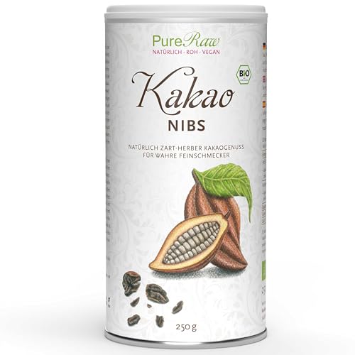 Kakao-Nibs Criollo (Bio Roh Vegan) Kakaonibs Ohne Zucker - Edel-Roh-Kakaobohnen Stücke, Splitter, Kern-Bruch wie Zuckerfreie Schokodrops - Theobroma Cacao Organic Raw Cocoa Chunks | PureRaw 250g von PureRaw