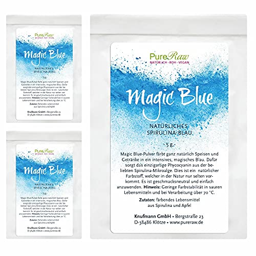 Magic Blue Spirulina-Pulver Blau Natürliche Lebensmittelfarbe (Roh Vegan) Dunkelblau bis Pastell Hellblau - Puderfarbe Lebensmittel mit Algen-Phycocyanin - Natural Food Coloring | PureRaw 15g (=3x 5g) von PureRaw