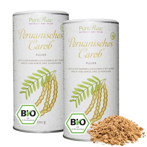 Peruanisches Carobpulver (Bio Roh Vegan) Carob-Pulver Karamelliger Geschmack mit Kokos- und Kakao-Note - Natürlich Süß Ballaststoffreich Mineralien - Johannisbrotbaum Karob | PureRaw 440g (=2x 220g) von PureRaw