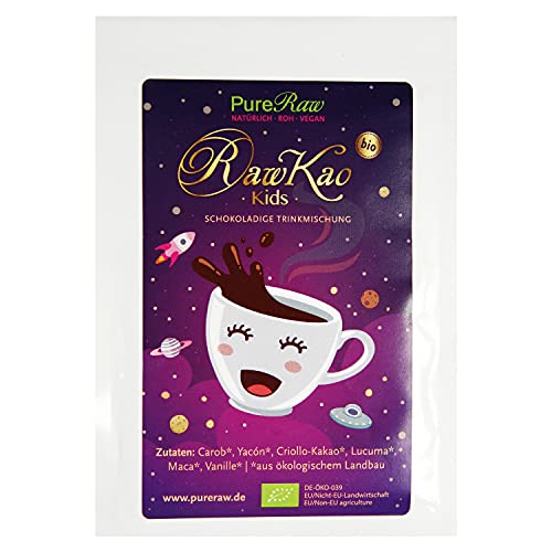 RawKao Kids Trinkschokolade ohne Zucker mit Carob Kakao Yacon Lucuma Maca (Bio Roh Vegan) Heiße Schokolade Schokomilch Superfood Getränkepulver - Cocoa Powder Cacao Drink Mix | PureRaw 8g von PureRaw