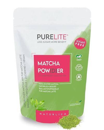 PURELITE Matcha Pulver 230g, vegan ohne Zucker mit Erythrit & Stevia, grüner japanischer Tee, ideal für Latte Tea und Smoothies Getränk, mit Koffein, guter Zucker- oder Kaffeeersatz, Antioxidatien von purelite