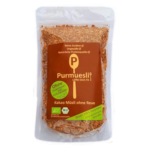 PURMUESLI Bio Kakao Müsli ohne Reue 350 g I 16% Protein, ohne Zuckerzusatz, nur 0,8% Zucker I Vegan, laktosefrei, ohne Zusatzstoffe von Purmuesli P Löffel Dich Fit