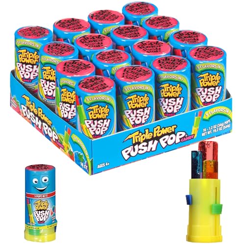 Triple Power-Push Pop - 2 verschiedene Fruchtaromen - 3 Pops in 1 - Anzeige einzelner Lutscher - lustige Süßigkeiten für Geburtstage und Partys - 16er Pack von Push Pop