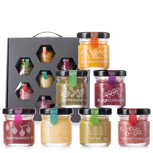 QHoney Honig Geschenkset – 7x40g Honig Mini im Probier-Set | Natürliches Honig Set mit 7 Geschmacksrichtungen | Geschenk für Weihnachten, Geburtstage | Ohne Zucker, natürliche Zutaten von Q honey