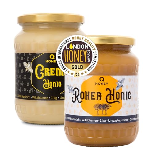 Cremiger & Wildblumenhonig – Gewinner der London Honey Awards 2024 sowie des Superior Taste Award 2025, Roher Honig aus Europa, 100% natürlich, ungefiltert, 1 kg von Q honey