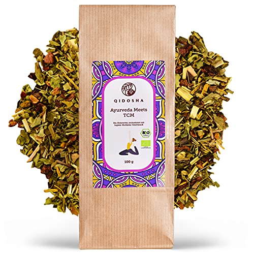 QIDOSHA® Kräutertee bio "Ayurveda meets TCM", 100gr, Bio Kräutertee lose mit Kurkuma, Moringa, Ingwer & Ginseng, Tee lose Curcuma Ingwer, Moringa Tee, Ginseng Tee, Tee bio mit Kurkuma und Ingwer lose von QIDOSHA