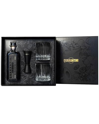 Quarantini Black Gin Geschenkset (500ml) – Premium Gin mit fruchtigen Gin Botanicals aus Papaya und Bergamotte – Gin Geschenk bestehend aus 1 x Gin + 2 x Gläser + 1 x Jigger von Quarantini