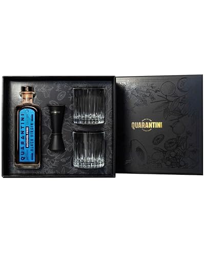 Quarantini Black Virgin Geschenkset (500ml) – alkoholfreie Gin-Alternative mit auserwählten Gin Botanicals – Geschenkset bestehend aus 1 x Black Virgin + 2 x Gläser + 1 x Jigger von Quarantini