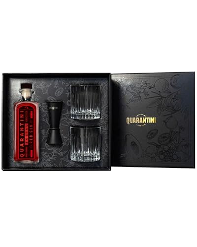 Quarantini Red Gin Geschenkset (500ml) – Premium Gin mit fruchtigen Gin Botanicals aus Granatapfel und Zitrone – Gin Geschenk bestehend aus 1 x Gin + 2 x Gläser + 1 x Jigger von Quarantini