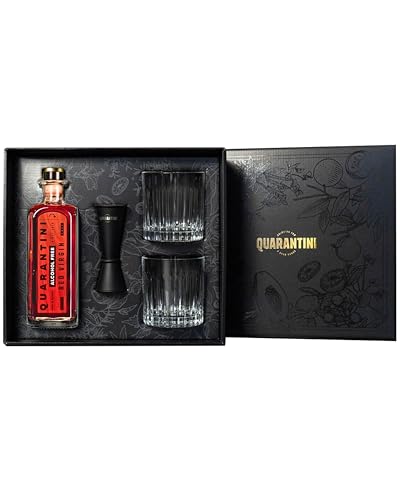 Quarantini Red Virgin Gin Geschenkset (500ml) – Premium Gin mit fruchtigen Gin Botanicals aus Granatapfel und Kirschblüte – Gin Geschenk bestehend aus 1 x Gin + 2 x Gläser + 1 x Jigger von Quarantini