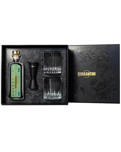 Quarantini Virgin Gin Geschenkset (500ml) – Premium Gin mit fruchtigen Gin Botanicals aus Minze und Bergamotte – Gin Geschenk bestehend aus 1 x Gin + 2 x Gläser + 1 x Jigger von Quarantini