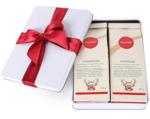 2x Weihnachtstee in Geschenkdose mit roter Schleife – Wintertee Schwarztee „Wintermandel“ & Früchtetee „Schneemützchen“ (je 50 g) von Quertee von Quertee